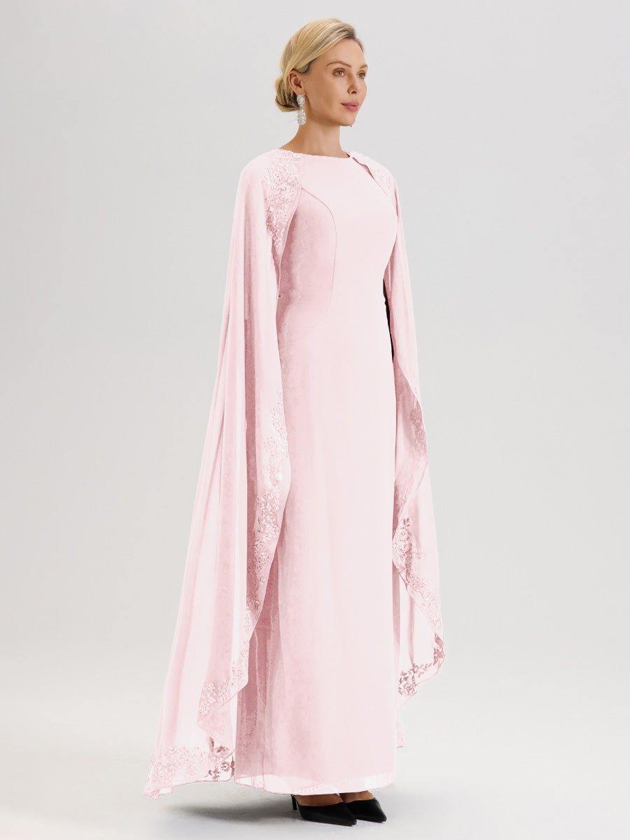 Cicinia Rose Pâle Robe De Mère De La Mariée Longue Col Rond Ligne A En Dentelle Et Mousseline À Cape