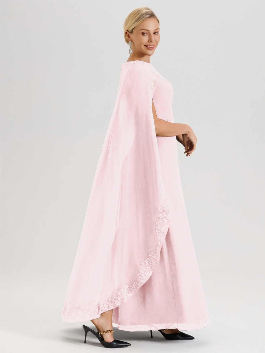 Cicinia Rose Pâle Robe De Mère De La Mariée Longue Col Rond Ligne A En Dentelle Et Mousseline À Cape