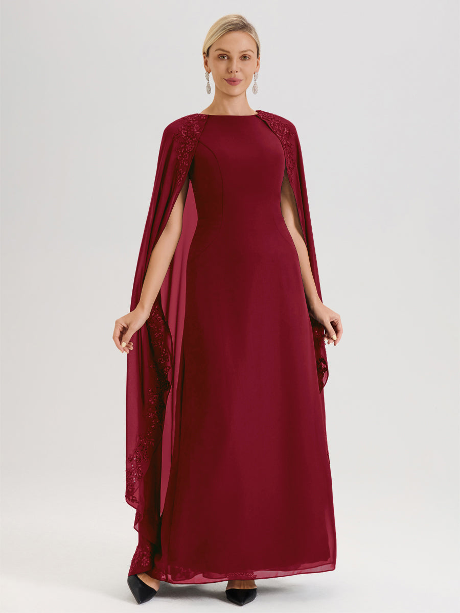 Cicinia Bordeaux Robe De Mère De La Mariée Longue Col Rond Ligne A En Dentelle Et Mousseline À Cape