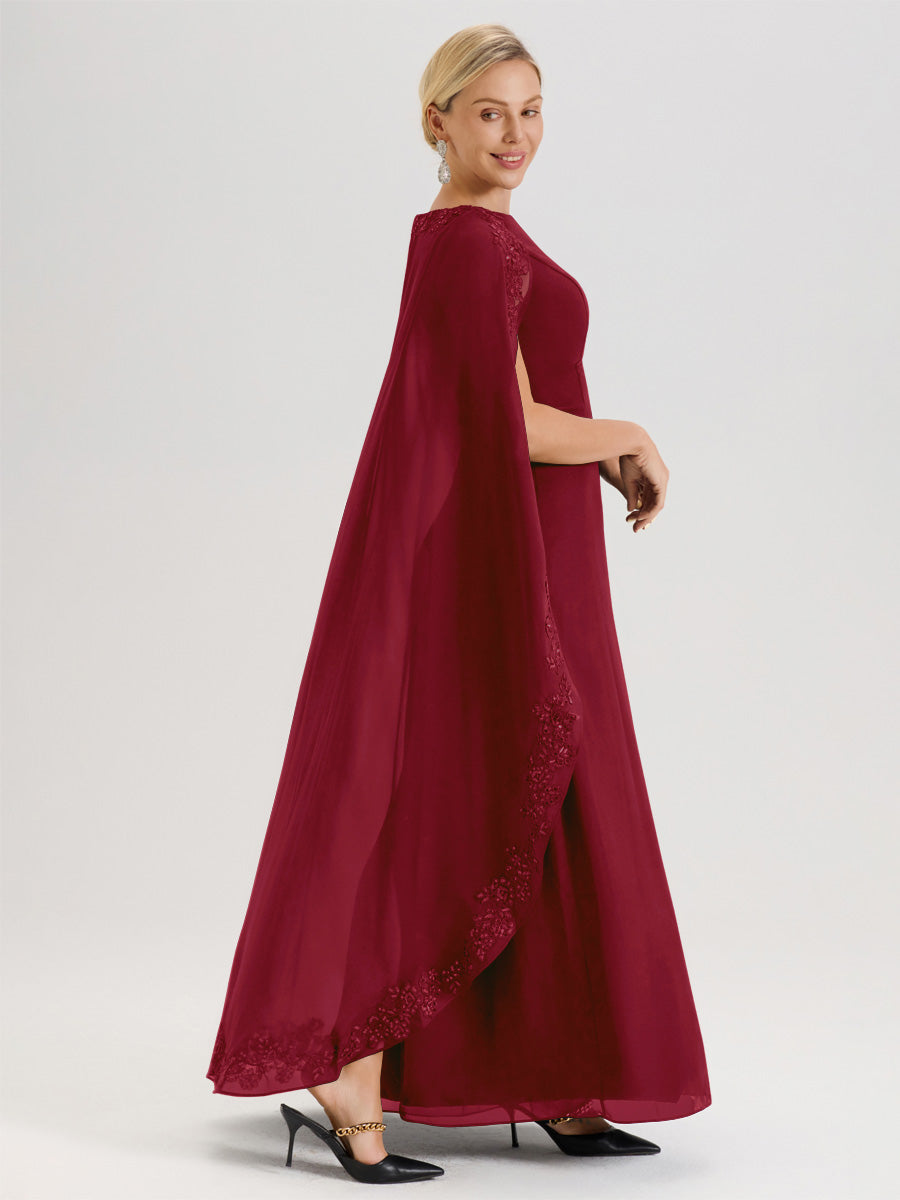 Cicinia Bordeaux Robe De Mère De La Mariée Longue Col Rond Ligne A En Dentelle Et Mousseline À Cape