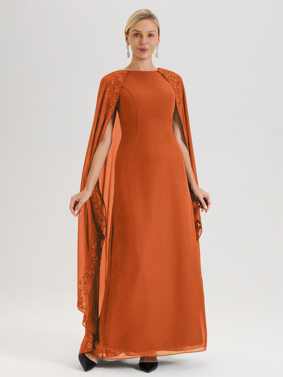 Cicinia Orange Brûlé Robe De Mère De La Mariée Longue Col Rond Ligne A En Dentelle Et Mousseline À Cape