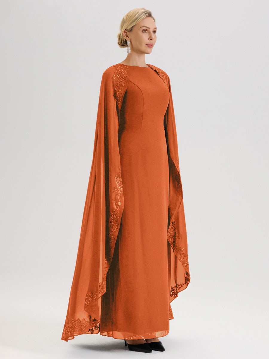 Cicinia Orange Brûlé Robe De Mère De La Mariée Longue Col Rond Ligne A En Dentelle Et Mousseline À Cape