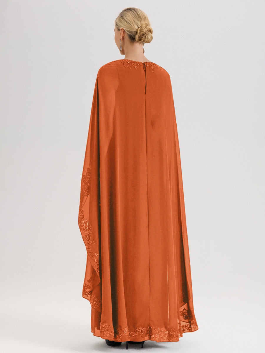 Cicinia Orange Brûlé Robe De Mère De La Mariée Longue Col Rond Ligne A En Dentelle Et Mousseline À Cape