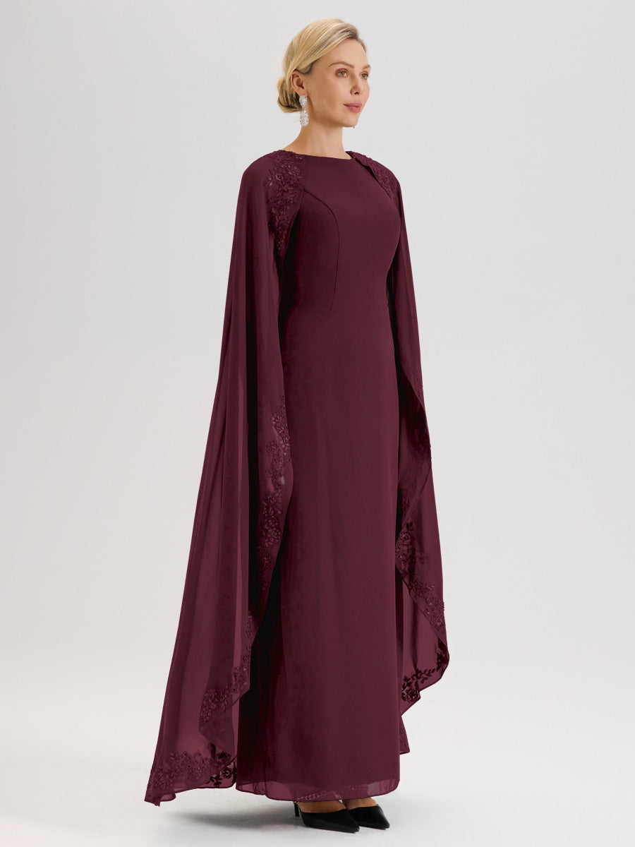 Cicinia Cabernet Robe De Mère De La Mariée Longue Col Rond Ligne A En Dentelle Et Mousseline À Cape