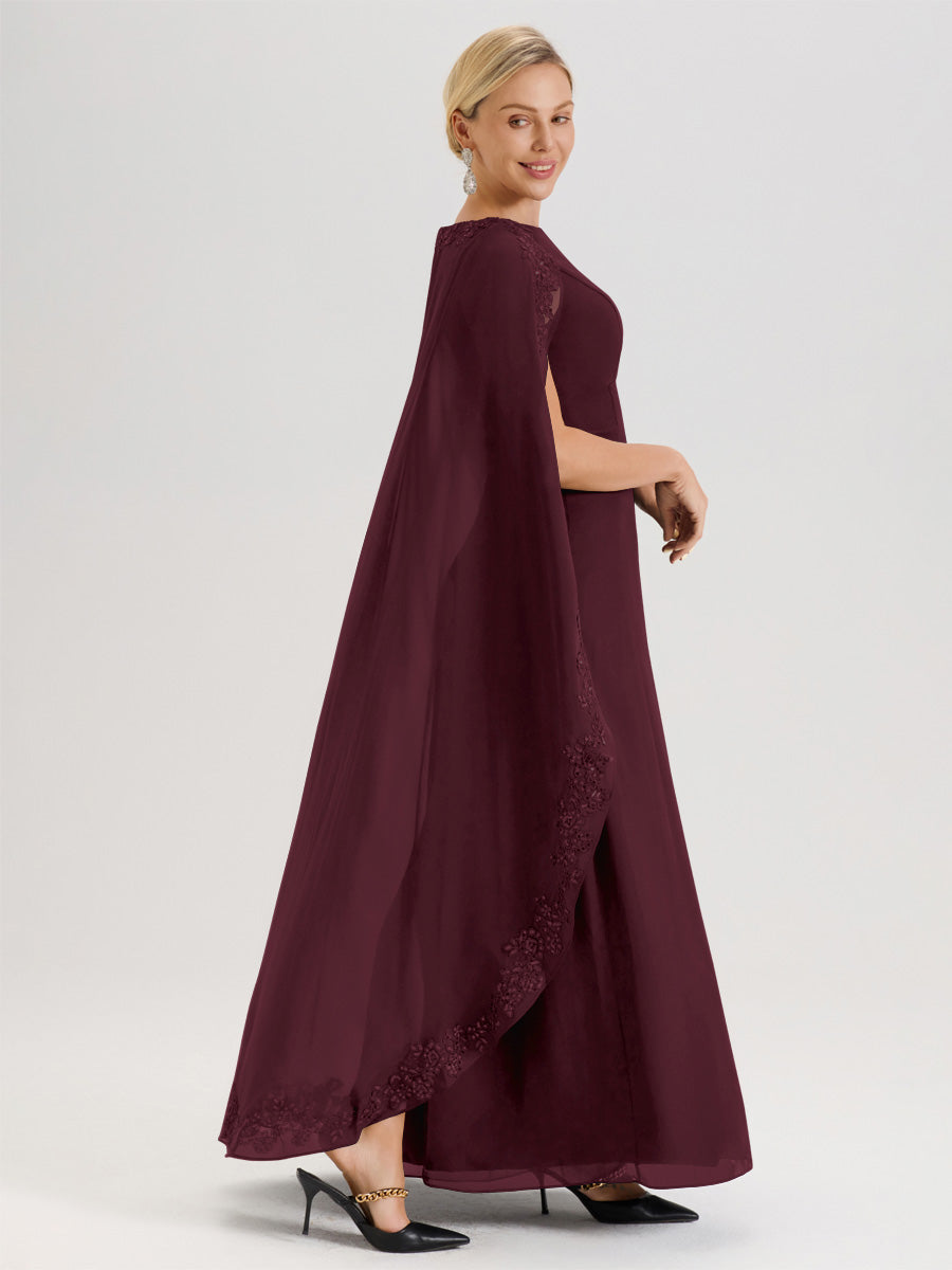 Cicinia Cabernet Robe De Mère De La Mariée Longue Col Rond Ligne A En Dentelle Et Mousseline À Cape