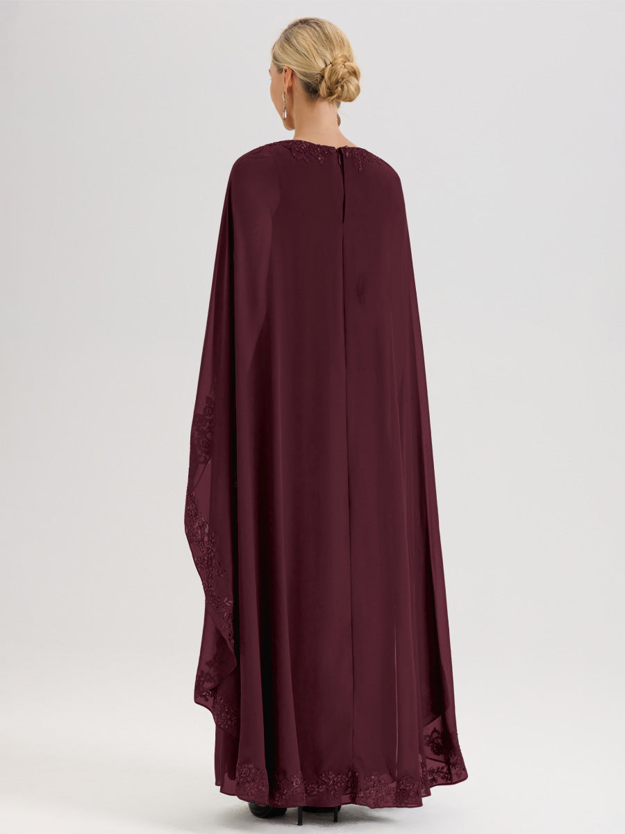 Cicinia Cabernet Robe De Mère De La Mariée Longue Col Rond Ligne A En Dentelle Et Mousseline À Cape