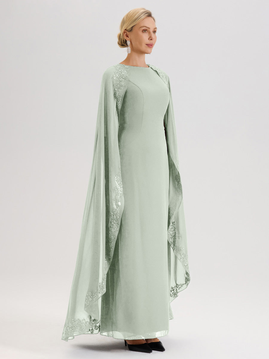 Cicinia Celadon Robe De Mère De La Mariée Longue Col Rond Ligne A En Dentelle Et Mousseline À Cape