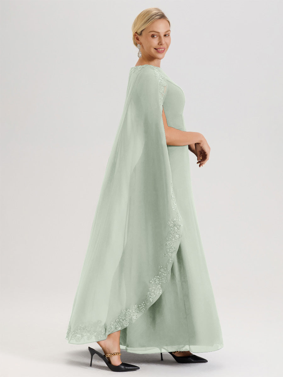 Cicinia Celadon Robe De Mère De La Mariée Longue Col Rond Ligne A En Dentelle Et Mousseline À Cape