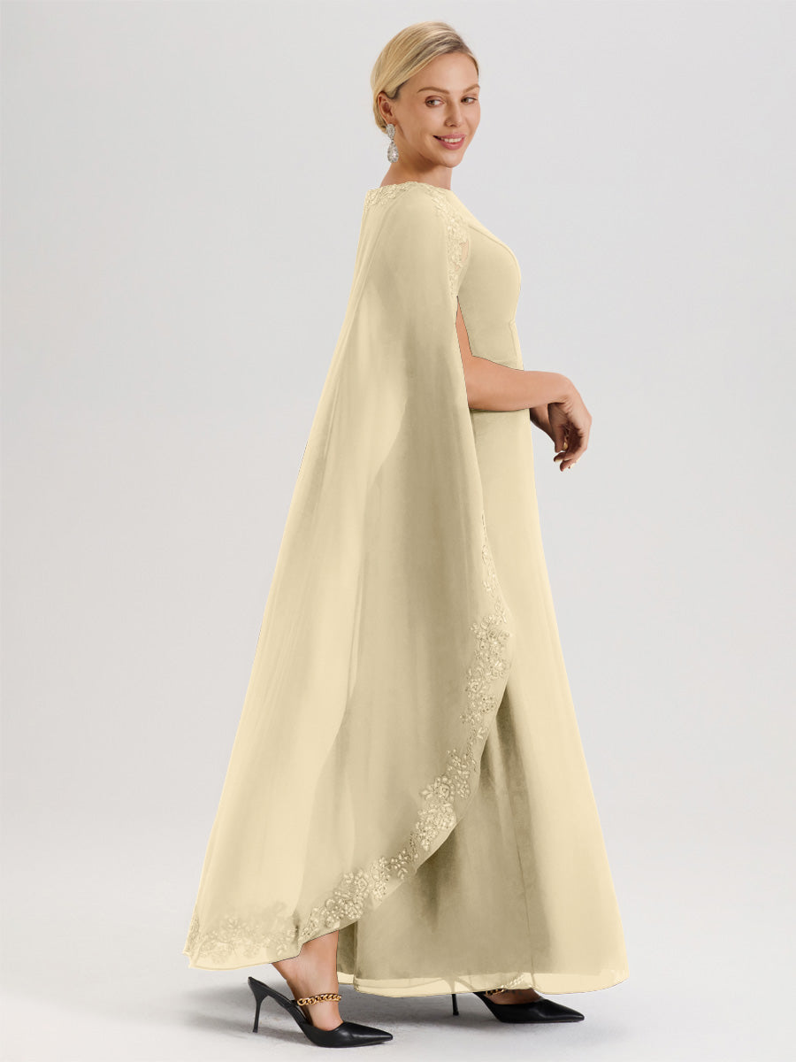 Cicinia Champagne Robe De Mère De La Mariée Longue Col Rond Ligne A En Dentelle Et Mousseline À Cape