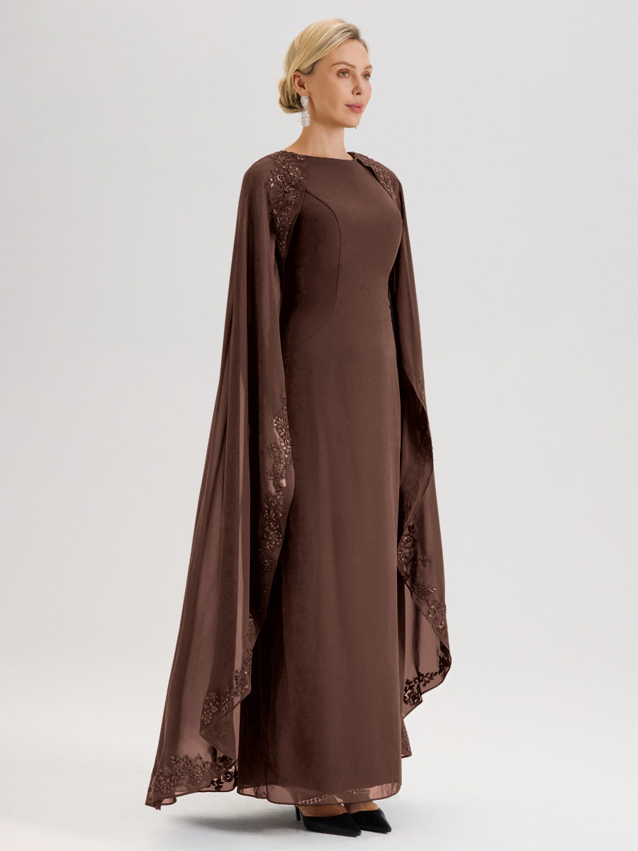 Cicinia Chocolat Robe De Mère De La Mariée Longue Col Rond Ligne A En Dentelle Et Mousseline À Cape