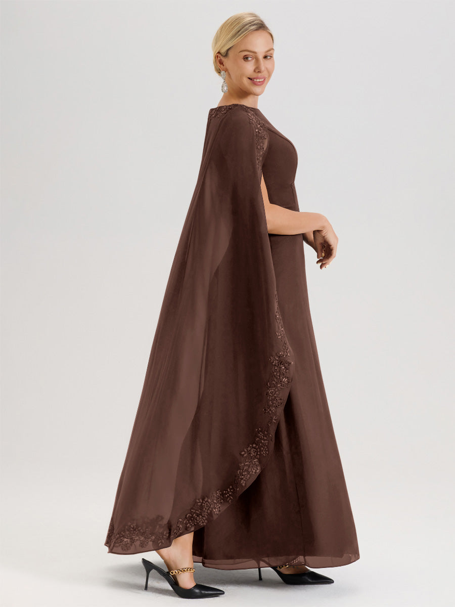 Cicinia Chocolat Robe De Mère De La Mariée Longue Col Rond Ligne A En Dentelle Et Mousseline À Cape