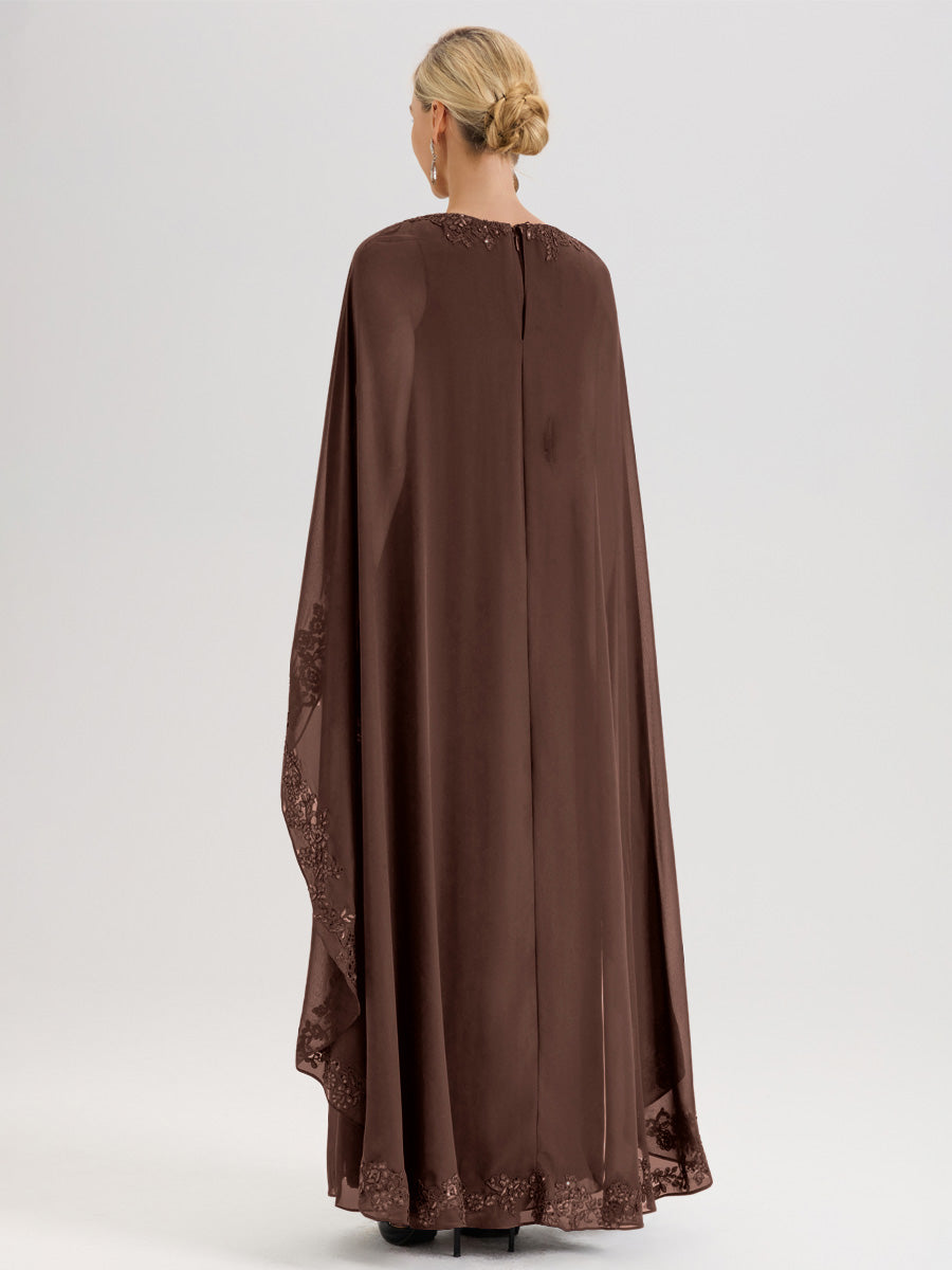 Cicinia Chocolat Robe De Mère De La Mariée Longue Col Rond Ligne A En Dentelle Et Mousseline À Cape