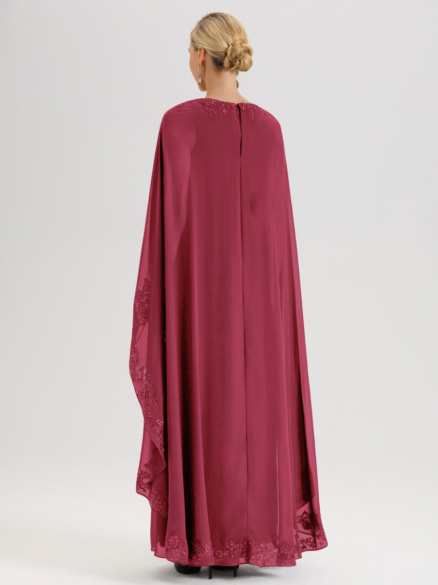 Cicinia Rose Cannelle Robe De Mère De La Mariée Longue Col Rond Ligne A En Dentelle Et Mousseline À Cape