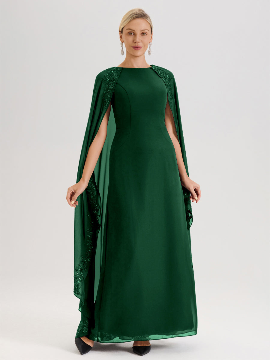 Cicinia Vert Foncé Robe De Mère De La Mariée Longue Col Rond Ligne A En Dentelle Et Mousseline À Cape