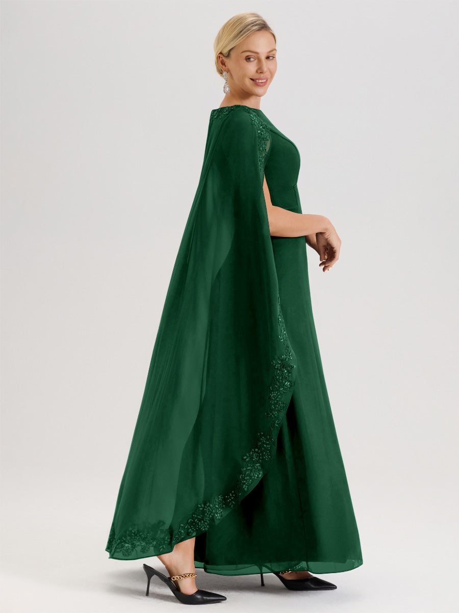 Cicinia Vert Foncé Robe De Mère De La Mariée Longue Col Rond Ligne A En Dentelle Et Mousseline À Cape