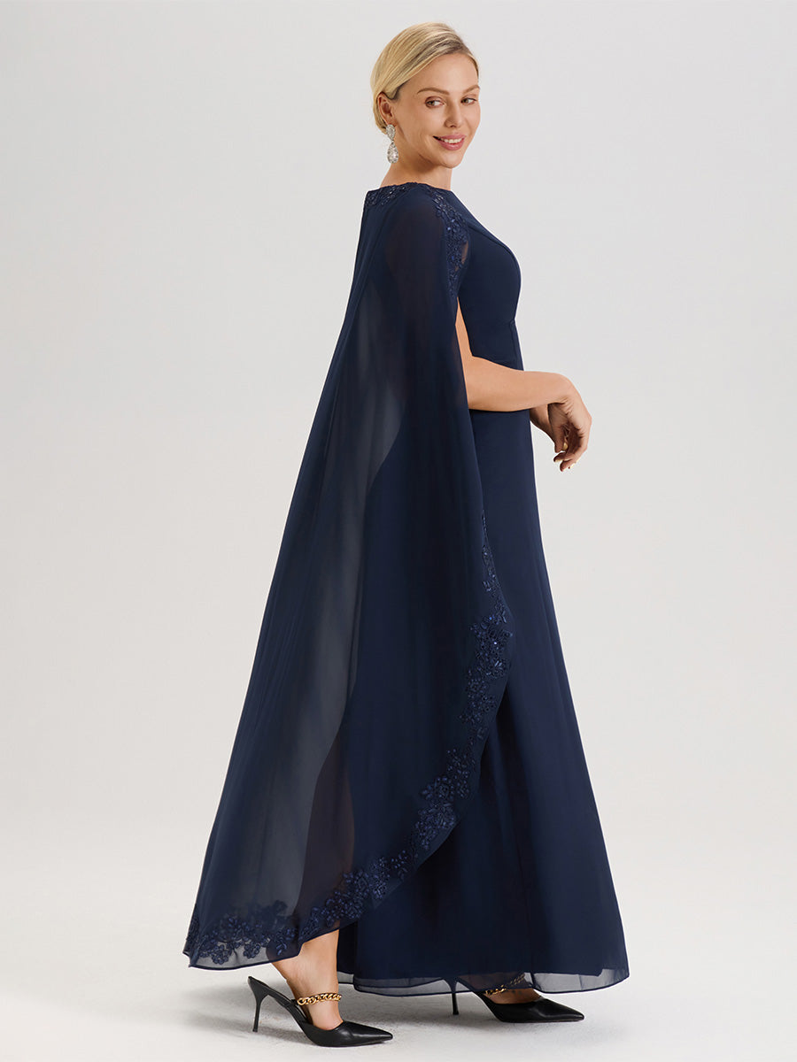 Cicinia Bleu Marine Robe De Mère De La Mariée Longue Col Rond Ligne A En Dentelle Et Mousseline À Cape
