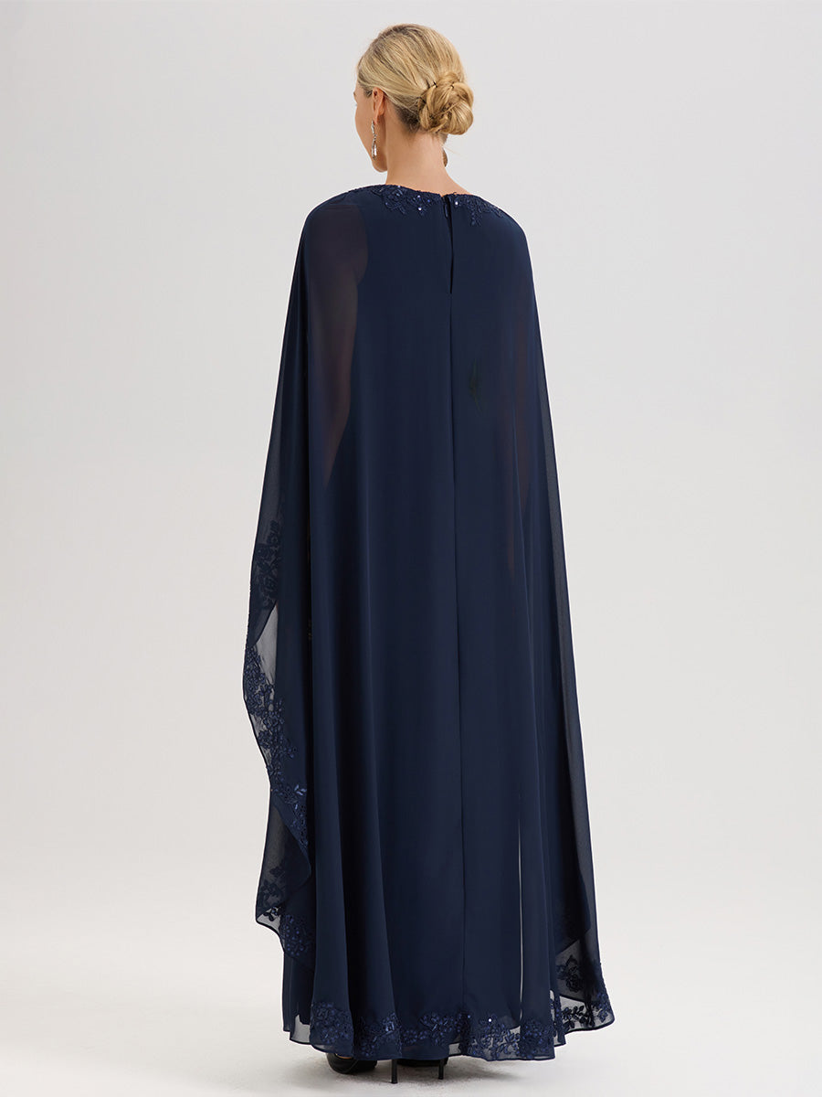 Cicinia Bleu Marine Robe De Mère De La Mariée Longue Col Rond Ligne A En Dentelle Et Mousseline À Cape