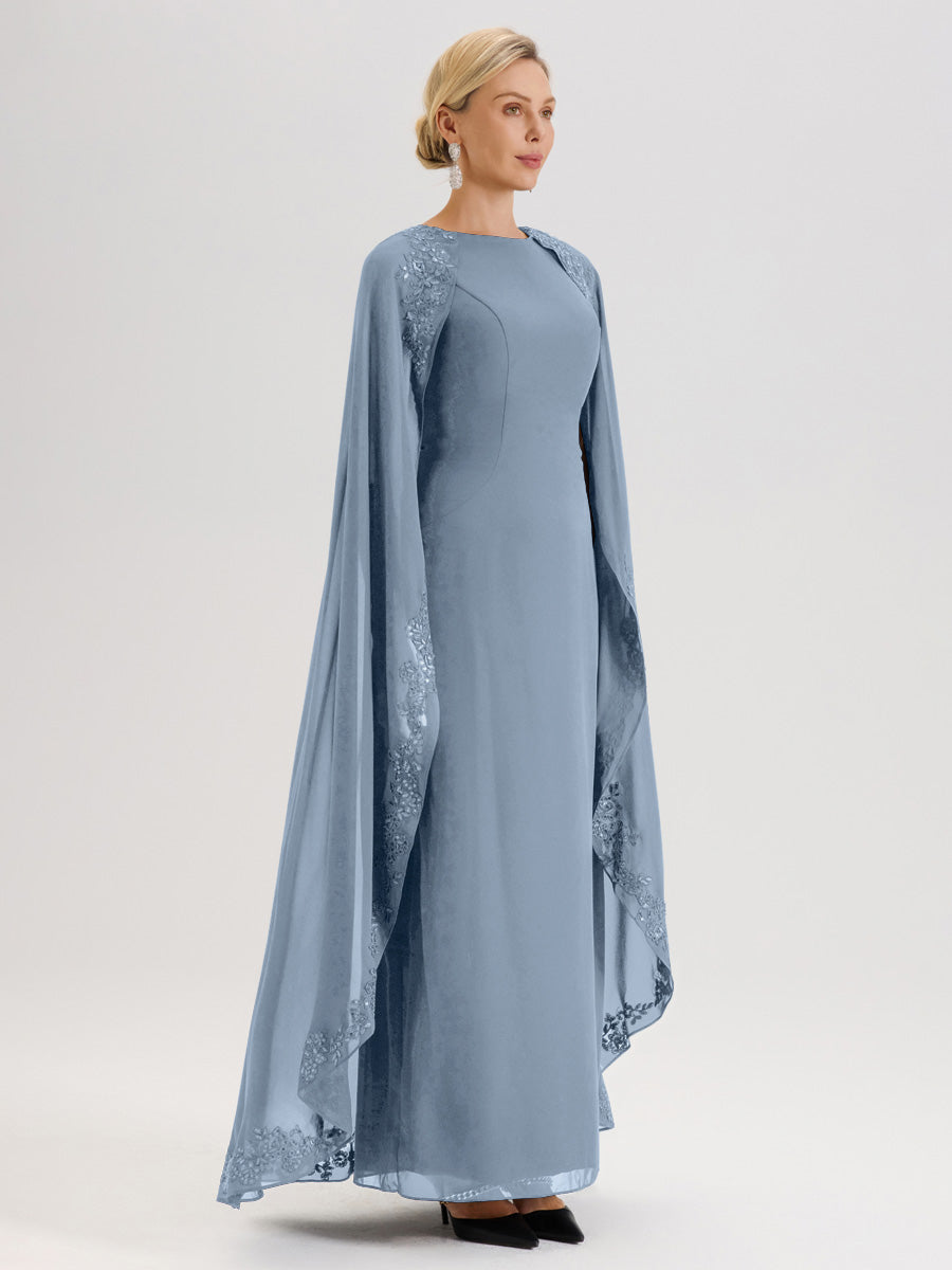 Cicinia Bleu Poudré Robe De Mère De La Mariée Longue Col Rond Ligne A En Dentelle Et Mousseline À Cape