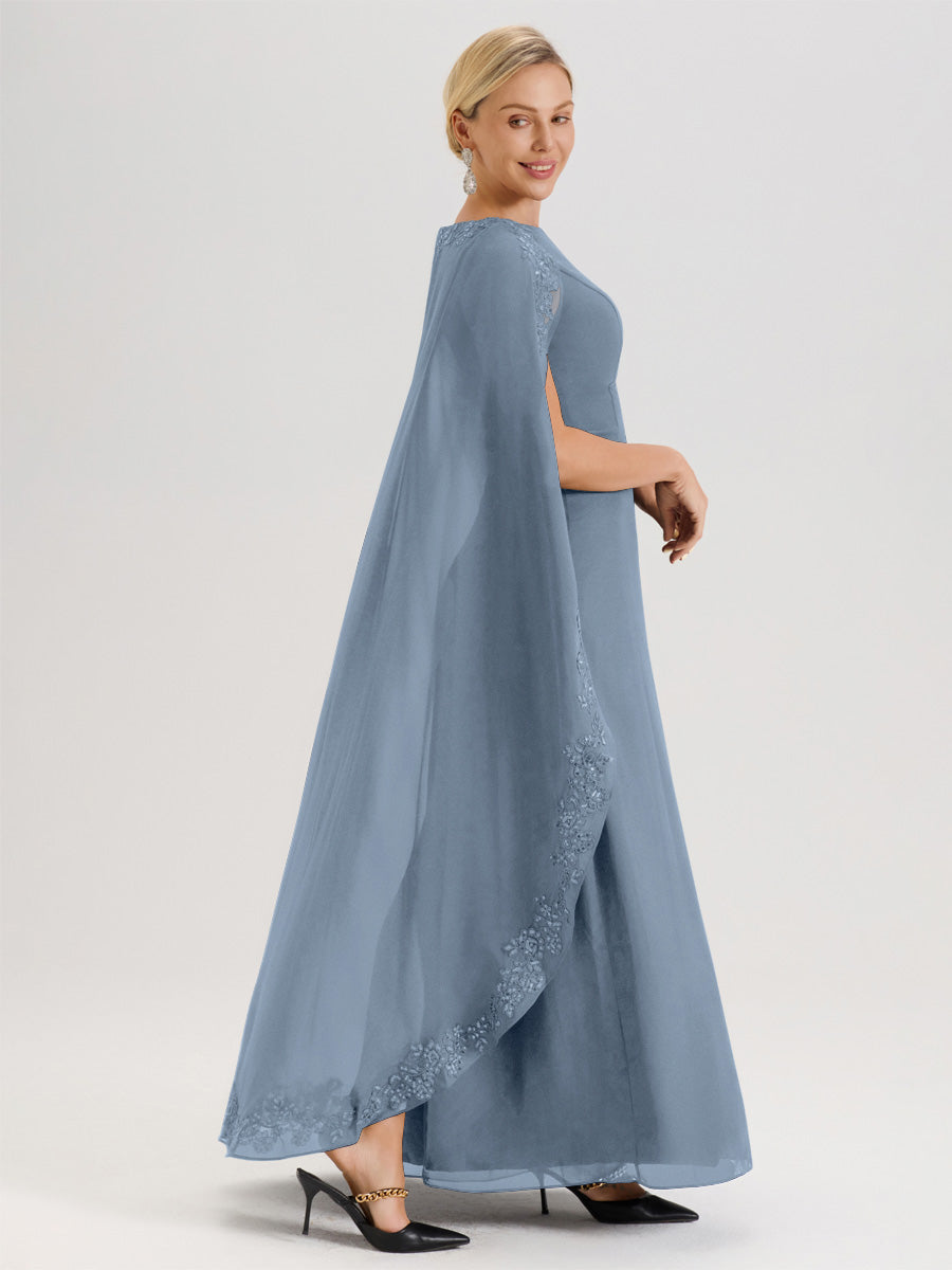 Cicinia Bleu Poudré Robe De Mère De La Mariée Longue Col Rond Ligne A En Dentelle Et Mousseline À Cape