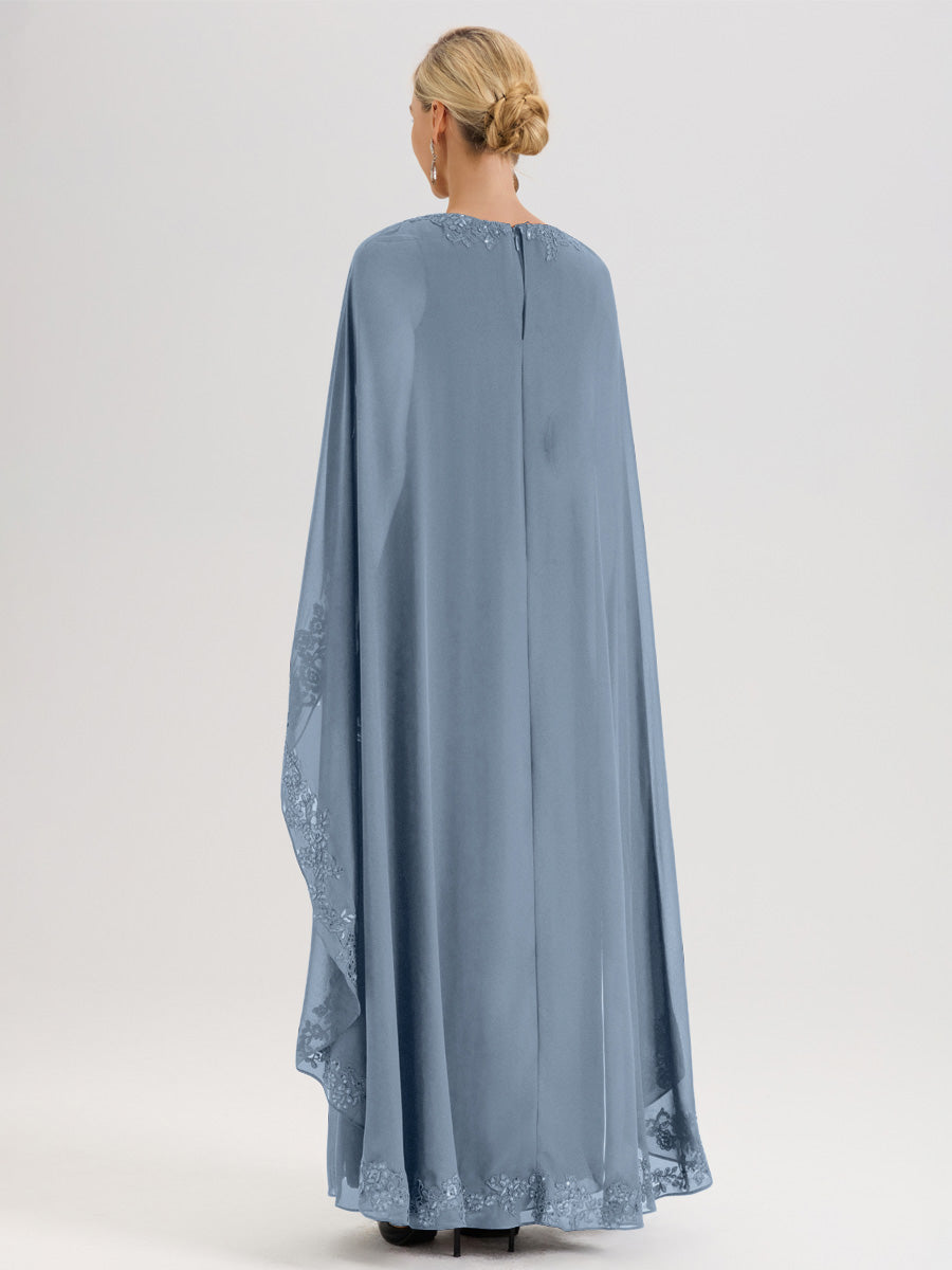 Cicinia Bleu Poudré Robe De Mère De La Mariée Longue Col Rond Ligne A En Dentelle Et Mousseline À Cape