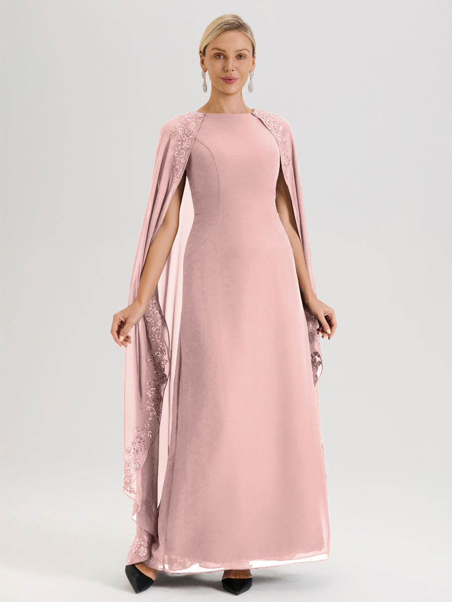 Cicinia Rose Poudré Robe De Mère De La Mariée Longue Col Rond Ligne A En Dentelle Et Mousseline À Cape