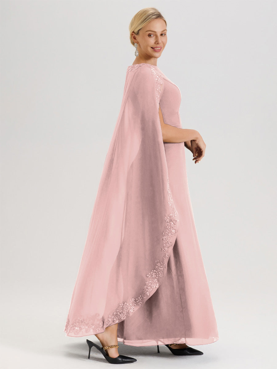 Cicinia Rose Poudré Robe De Mère De La Mariée Longue Col Rond Ligne A En Dentelle Et Mousseline À Cape