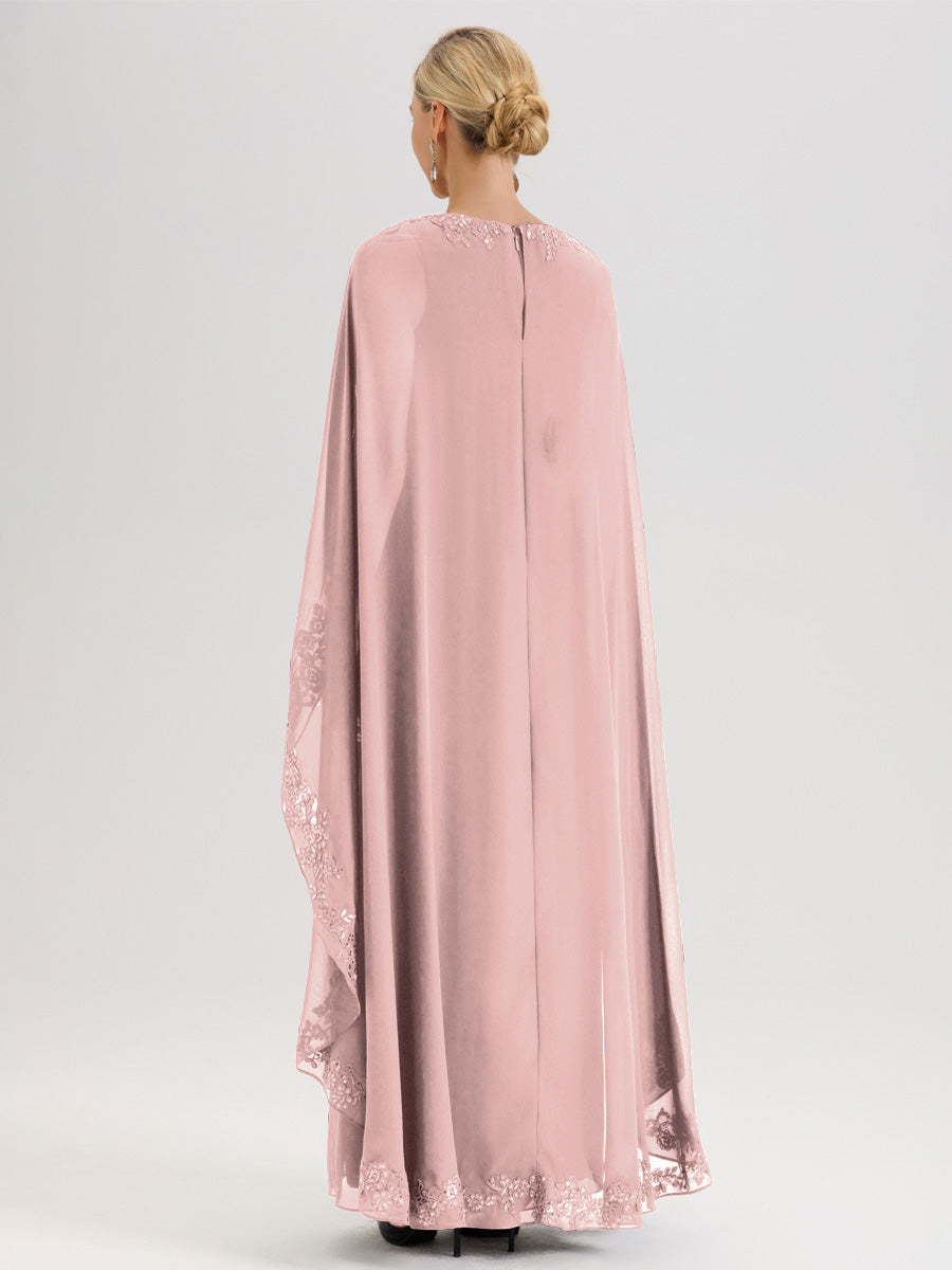Cicinia Rose Poudré Robe De Mère De La Mariée Longue Col Rond Ligne A En Dentelle Et Mousseline À Cape