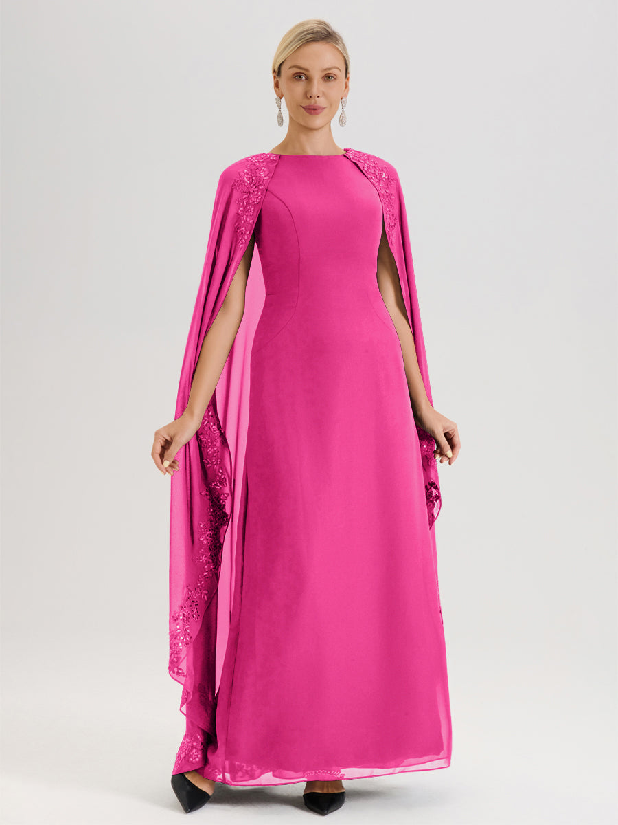 Cicinia Fuchsia Robe De Mère De La Mariée Longue Col Rond Ligne A En Dentelle Et Mousseline À Cape