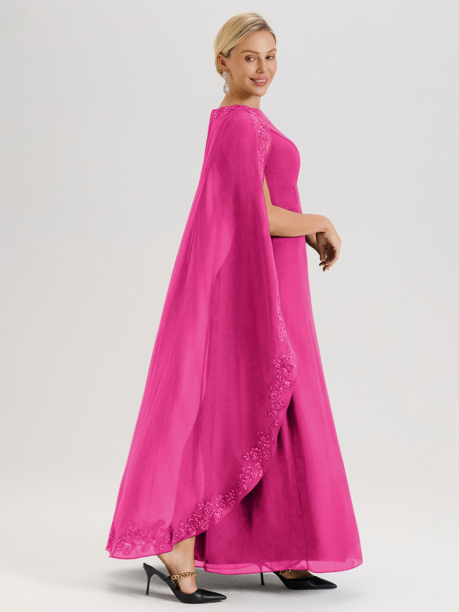 Cicinia Fuchsia Robe De Mère De La Mariée Longue Col Rond Ligne A En Dentelle Et Mousseline À Cape