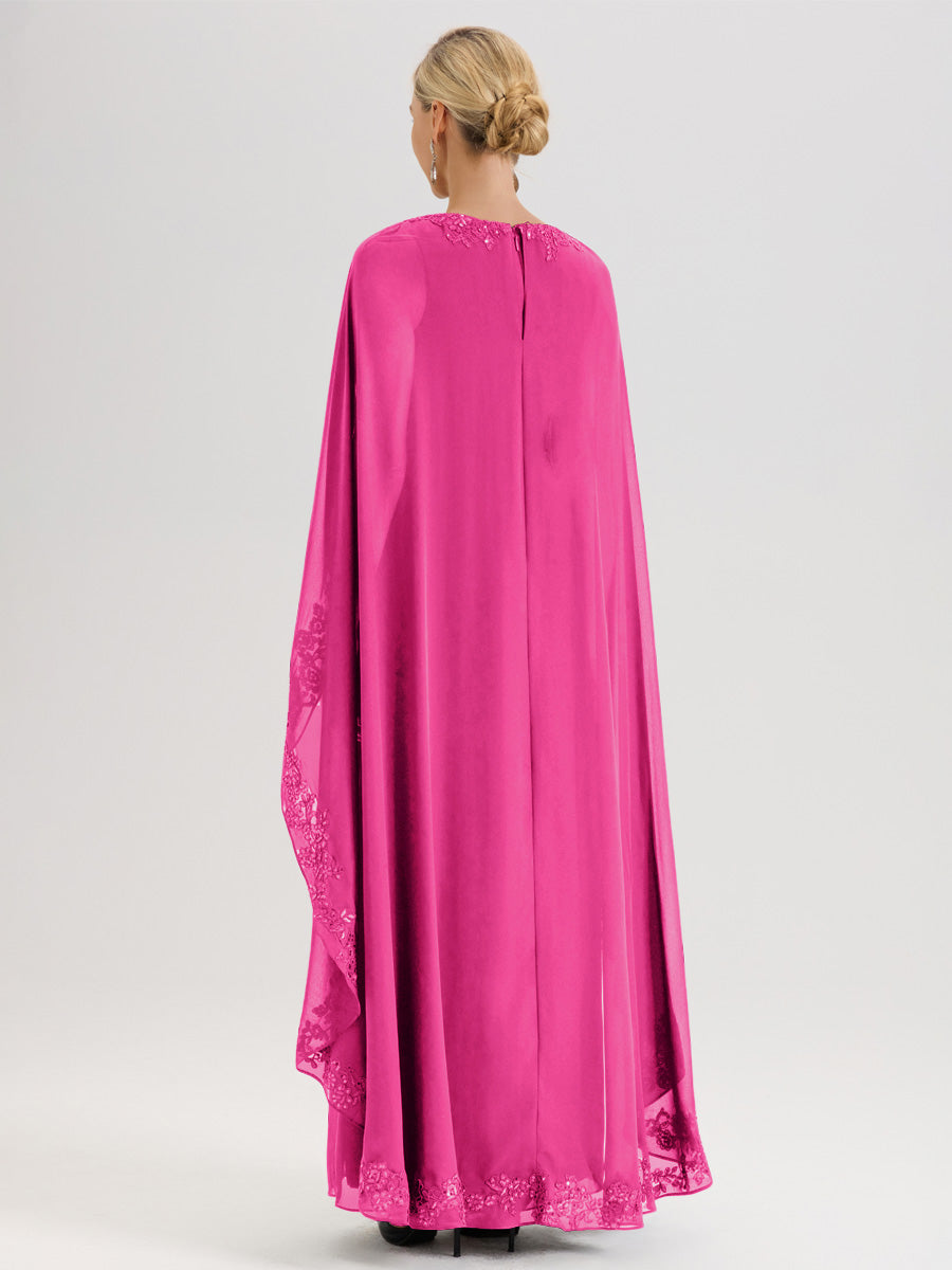 Cicinia Fuchsia Robe De Mère De La Mariée Longue Col Rond Ligne A En Dentelle Et Mousseline À Cape