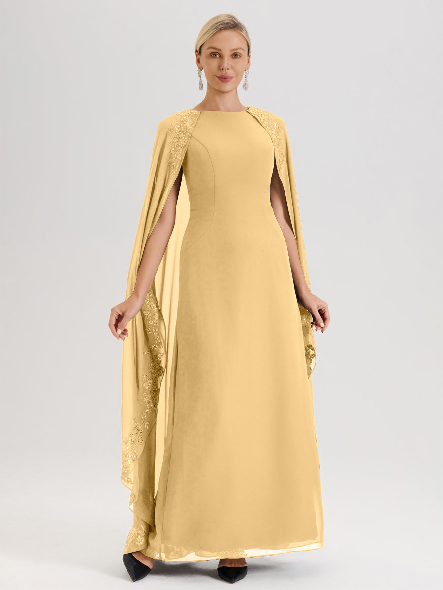 Cicinia Or Robe De Mère De La Mariée Longue Col Rond Ligne A En Dentelle Et Mousseline À Cape