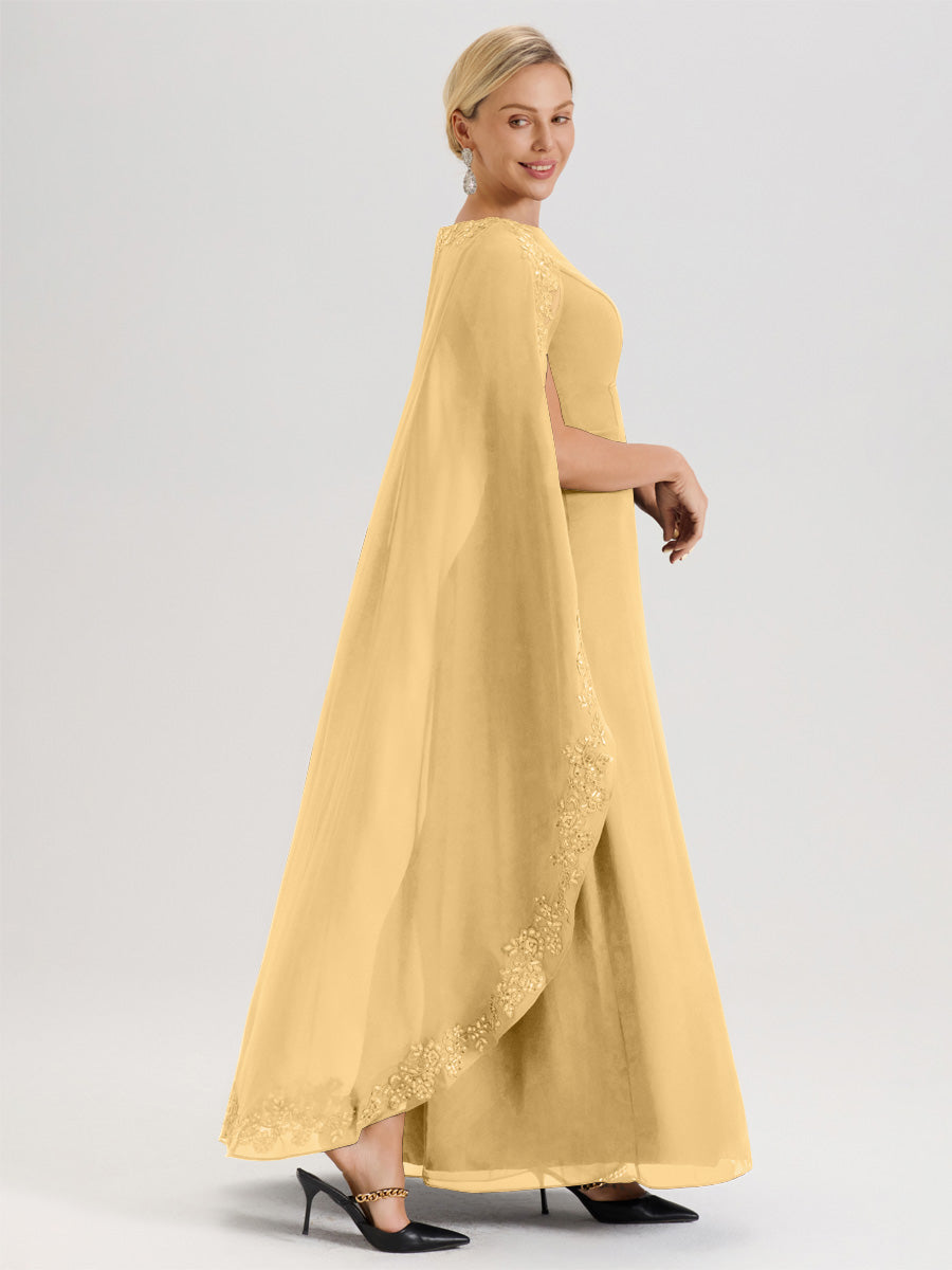 Cicinia Or Robe De Mère De La Mariée Longue Col Rond Ligne A En Dentelle Et Mousseline À Cape