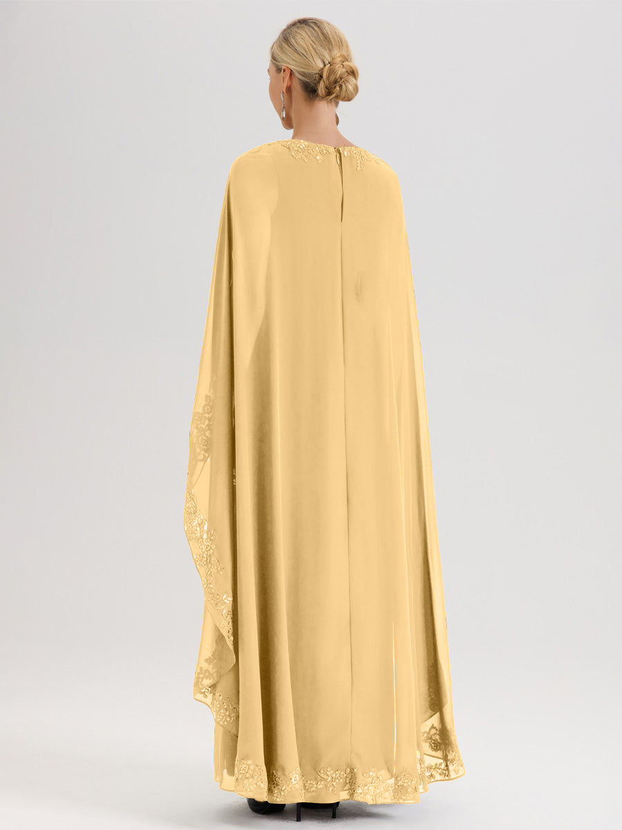 Cicinia Or Robe De Mère De La Mariée Longue Col Rond Ligne A En Dentelle Et Mousseline À Cape