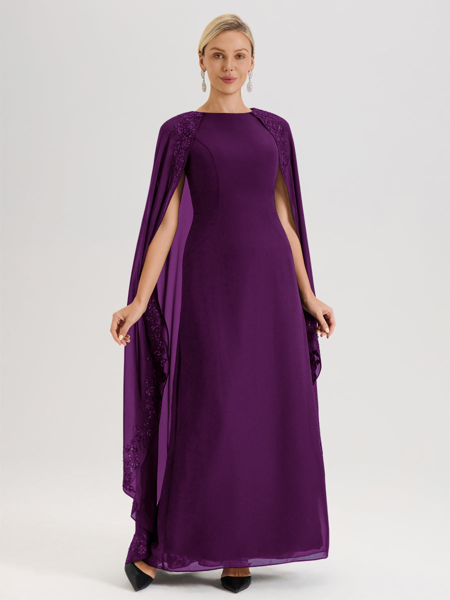 Cicinia Raisin Robe De Mère De La Mariée Longue Col Rond Ligne A En Dentelle Et Mousseline À Cape