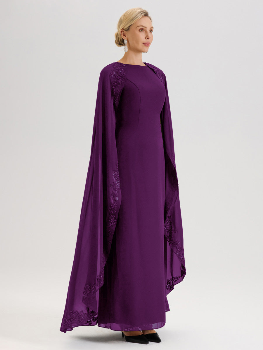 Cicinia Raisin Robe De Mère De La Mariée Longue Col Rond Ligne A En Dentelle Et Mousseline À Cape