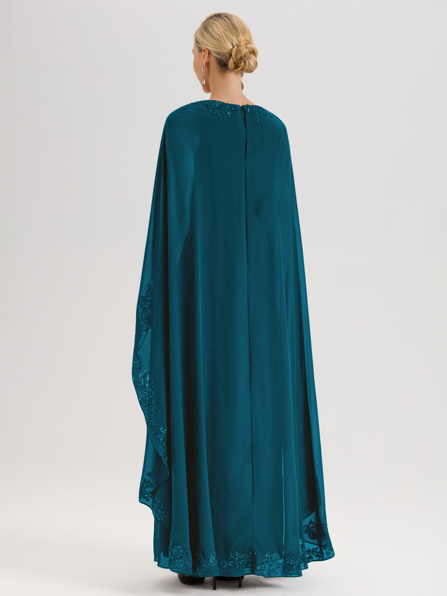 Cicinia Bleu Encre Robe De Mère De La Mariée Longue Col Rond Ligne A En Dentelle Et Mousseline À Cape