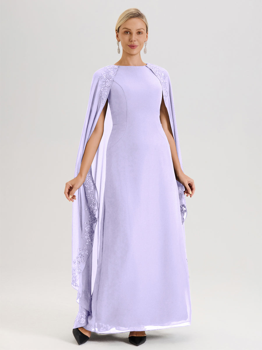 Cicinia Lilas Robe De Mère De La Mariée Longue Col Rond Ligne A En Dentelle Et Mousseline À Cape