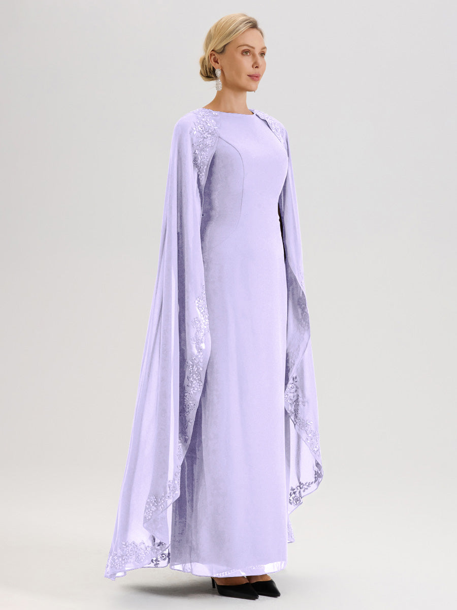Cicinia Lilas Robe De Mère De La Mariée Longue Col Rond Ligne A En Dentelle Et Mousseline À Cape