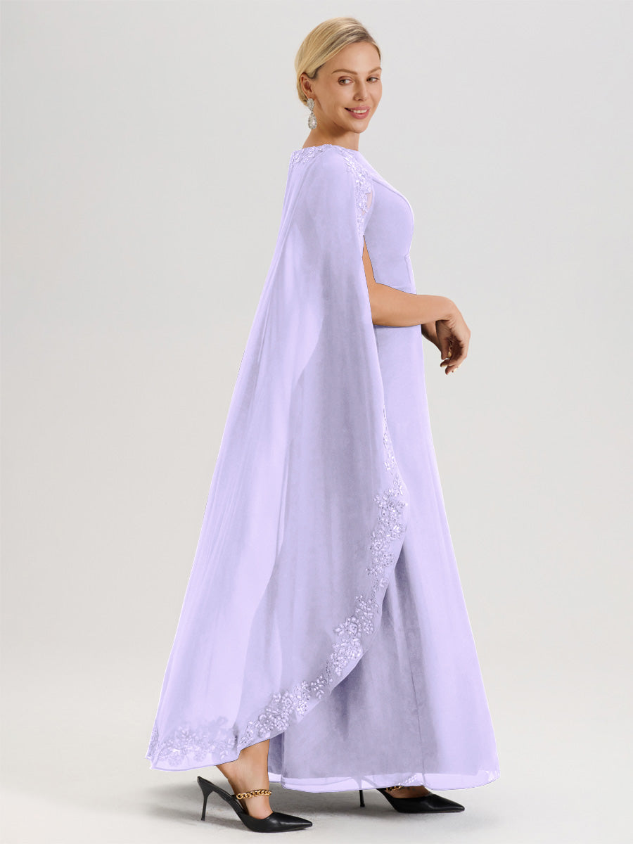 Cicinia Lilas Robe De Mère De La Mariée Longue Col Rond Ligne A En Dentelle Et Mousseline À Cape