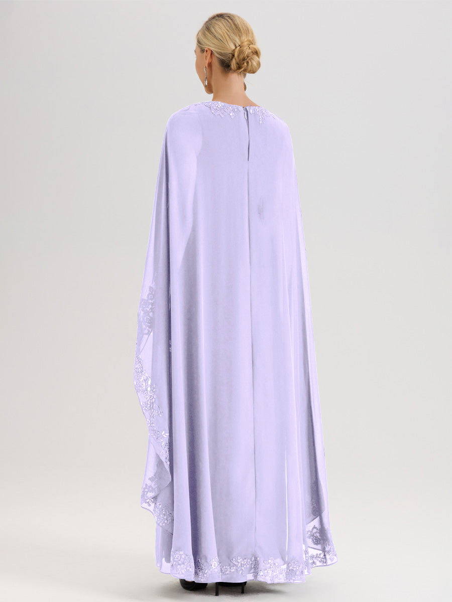 Cicinia Lilas Robe De Mère De La Mariée Longue Col Rond Ligne A En Dentelle Et Mousseline À Cape