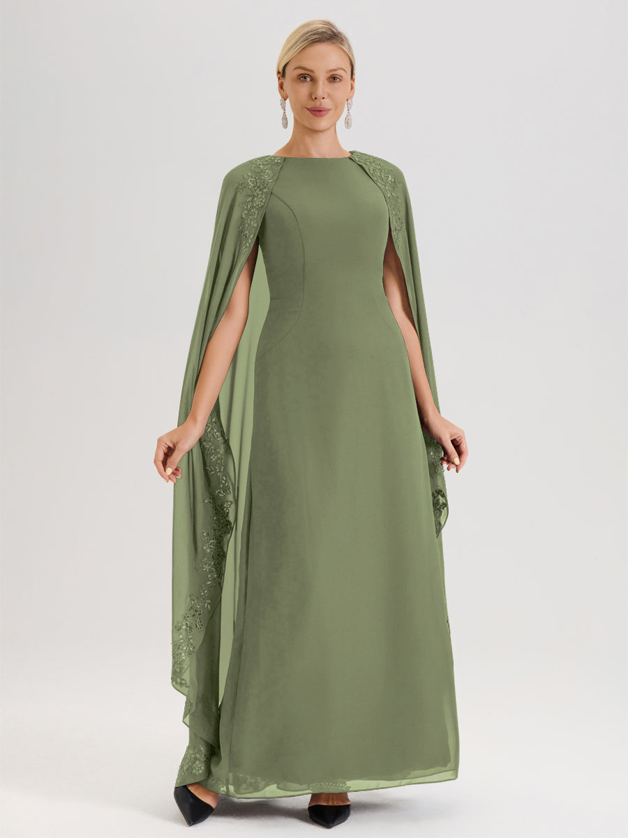 Cicinia Vert Olive Robe De Mère De La Mariée Longue Col Rond Ligne A En Dentelle Et Mousseline À Cape