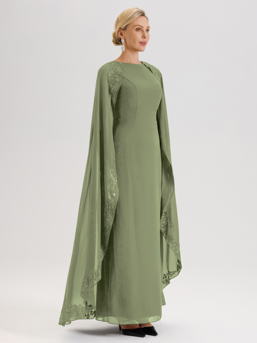 Cicinia Vert Olive Robe De Mère De La Mariée Longue Col Rond Ligne A En Dentelle Et Mousseline À Cape