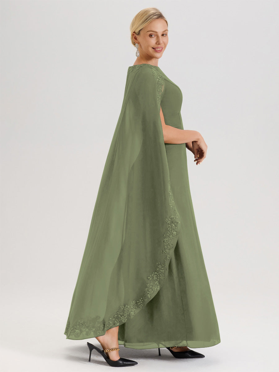 Cicinia Vert Olive Robe De Mère De La Mariée Longue Col Rond Ligne A En Dentelle Et Mousseline À Cape