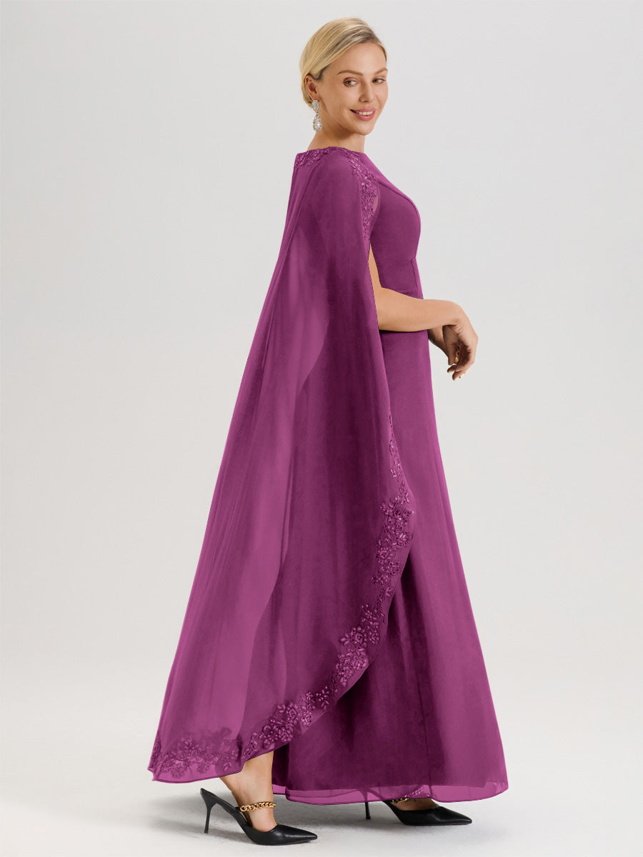 Cicinia Orchidée Robe De Mère De La Mariée Longue Col Rond Ligne A En Dentelle Et Mousseline À Cape