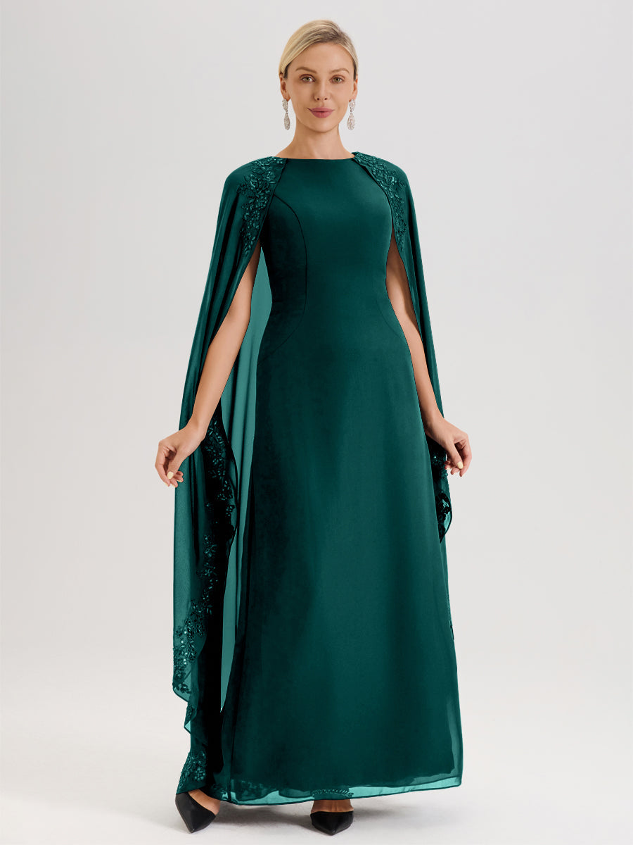 Cicinia Paon Robe De Mère De La Mariée Longue Col Rond Ligne A En Dentelle Et Mousseline À Cape