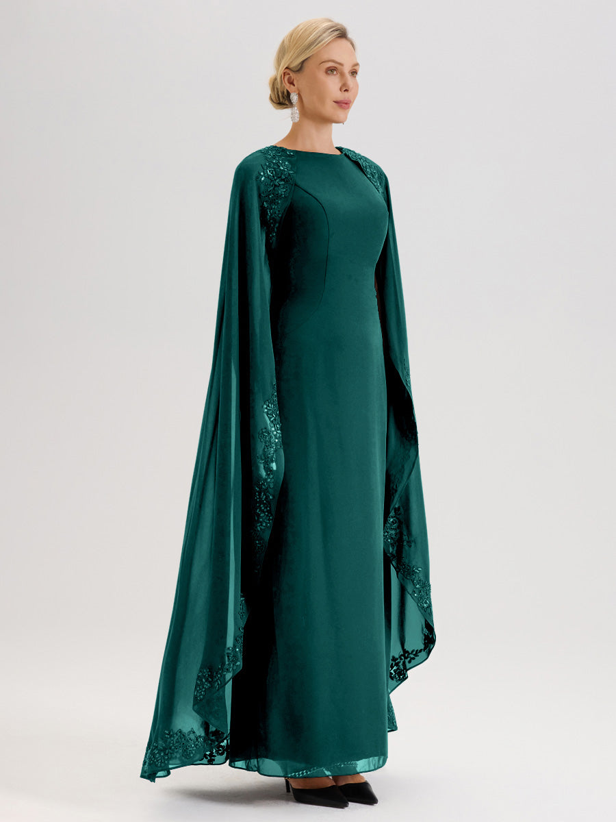 Cicinia Paon Robe De Mère De La Mariée Longue Col Rond Ligne A En Dentelle Et Mousseline À Cape