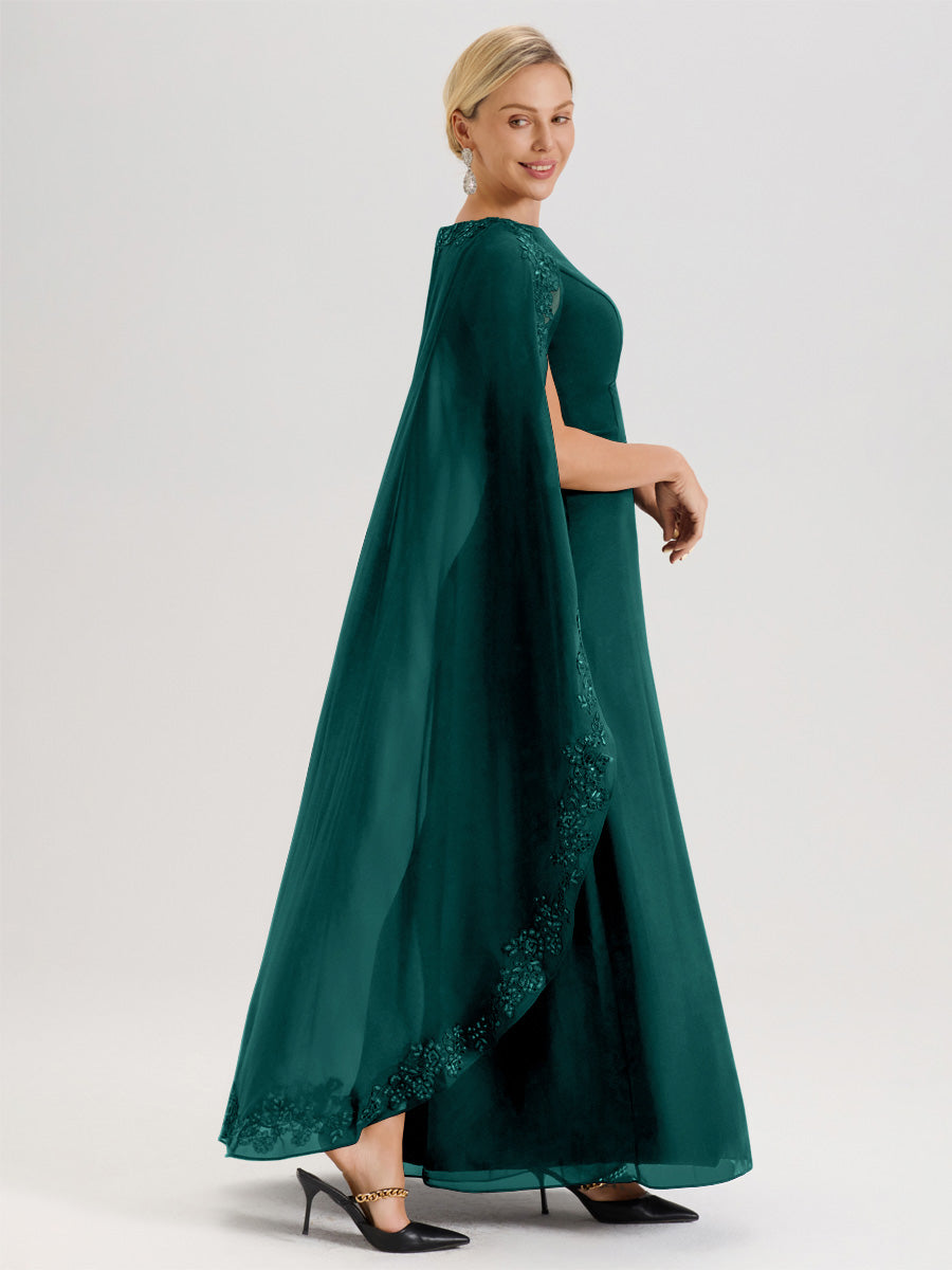 Cicinia Paon Robe De Mère De La Mariée Longue Col Rond Ligne A En Dentelle Et Mousseline À Cape