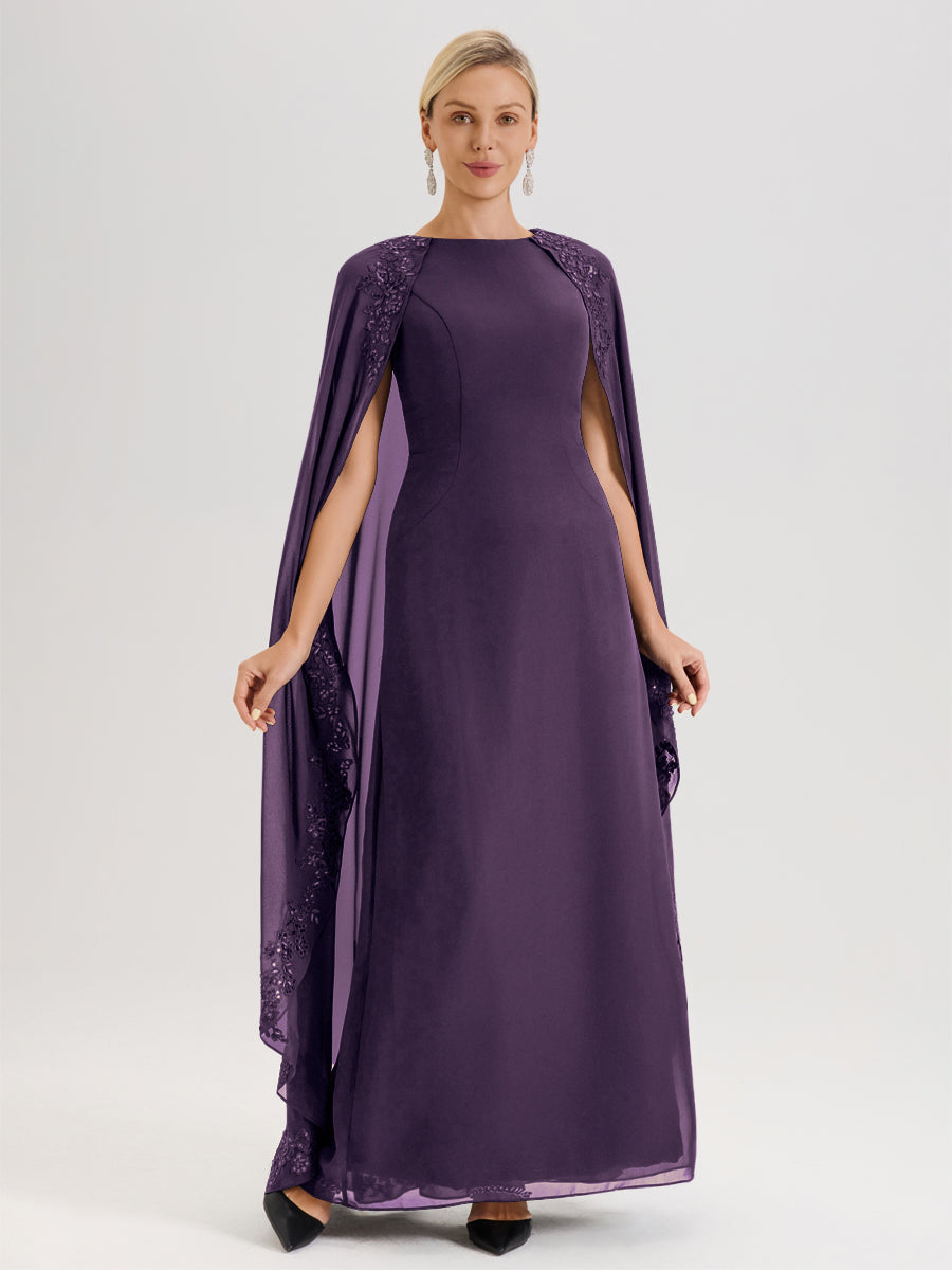 Cicinia Plum Robe De Mère De La Mariée Longue Col Rond Ligne A En Dentelle Et Mousseline À Cape