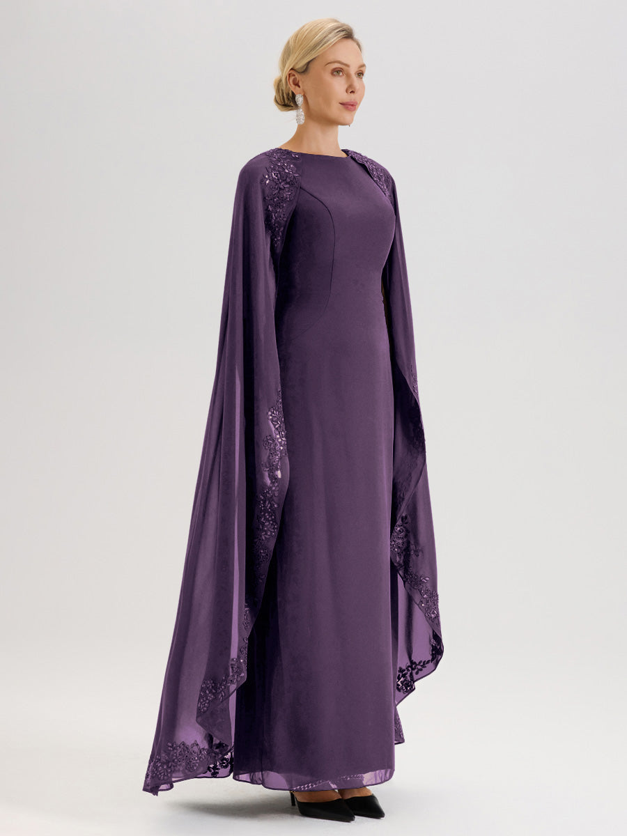 Cicinia Plum Robe De Mère De La Mariée Longue Col Rond Ligne A En Dentelle Et Mousseline À Cape