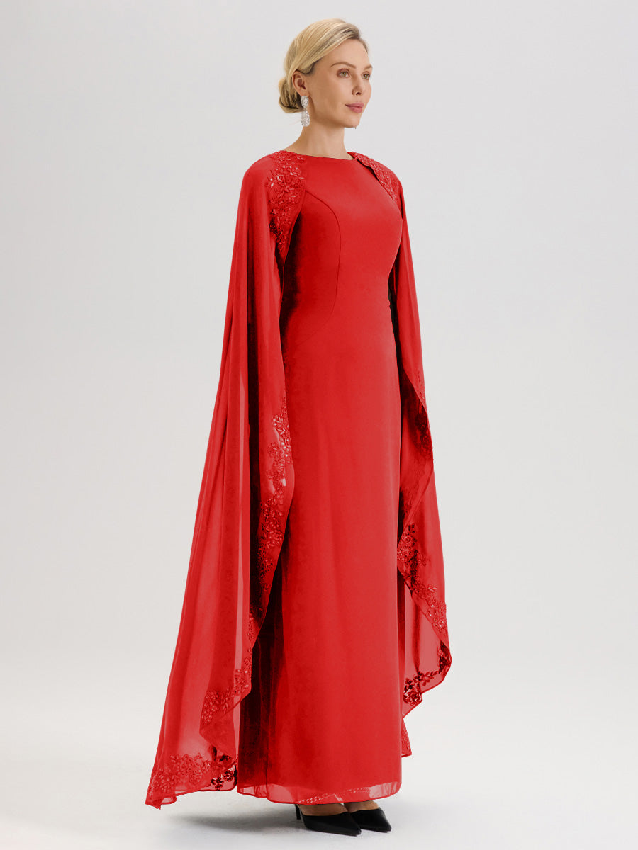 Cicinia Rouge Robe De Mère De La Mariée Longue Col Rond Ligne A En Dentelle Et Mousseline À Cape